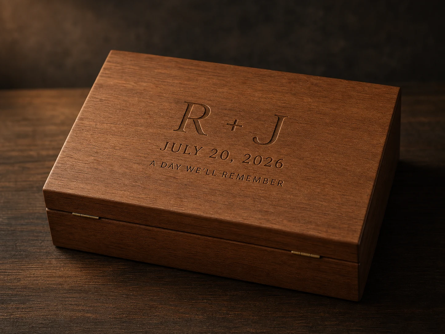 Wooden wedding presentation box engraved with R plus J, July 20, 2026, and A Day We’ll Remember